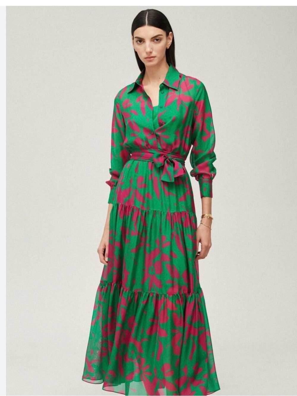 Carolina Herrera Green and Fuchsia Print Tiered Long Sleeve silk Dress